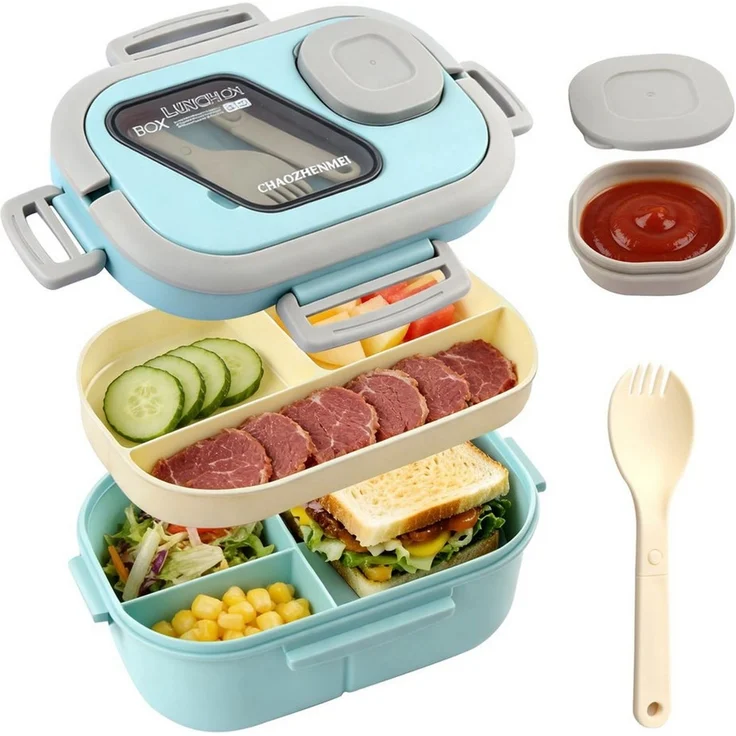 Diwzbyn Lunchbox Bento Box Lunchbox 2-stufig, 6 Fächer, Auslaufsicher, BPA-frei, Mit Saucenbehälter & Besteck, mikrowellengeeignet, 1200 ml – Bild 1