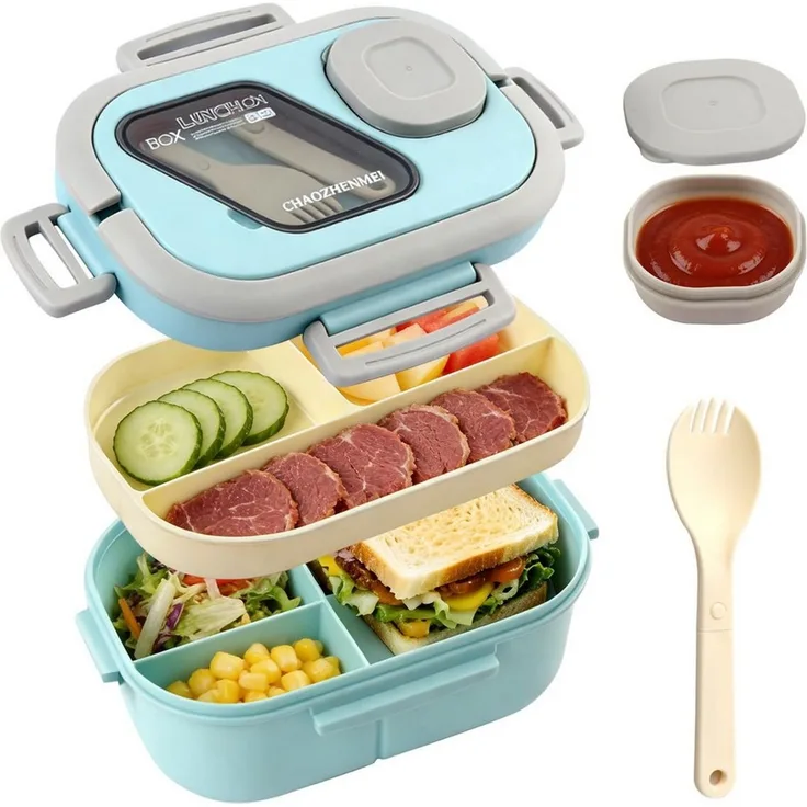 Diwzbyn Lunchbox Bento Box Lunchbox 2-stufig, 6 Fächer, Auslaufsicher, BPA-frei, Mit Saucenbehälter & Besteck, mikrowellengeeignet, 1200 ml