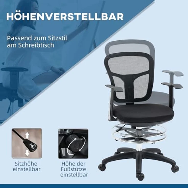 Vinsetto Ergonomischer Bürostuhl, Schwarz, Höhenverstellbar mit Lendenwirbelstütze und klappbaren Armlehnen – Bild 4