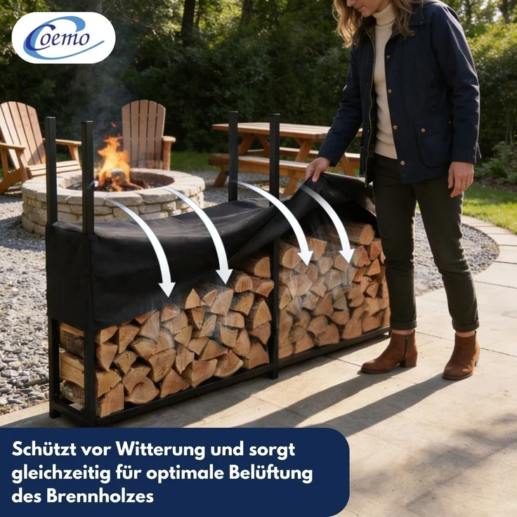 Coemo Brennholz Regal Hans Kaminholzregal mit Abdeckplane Metall 2 Segmente 25 x 223 x 115 cm – Bild 4