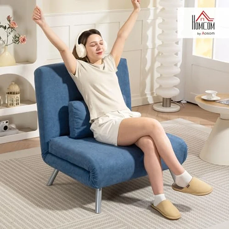 HOMCOM Schlafsofa mit verstellbarer Rückenlehne, abnehmbar Kissen, Samtoptik, 3-in-1 Schlafsessel 1 Teile, bis 120 kg, für Wohnzimmer, Schlafzimmer Blau – Bild 3
