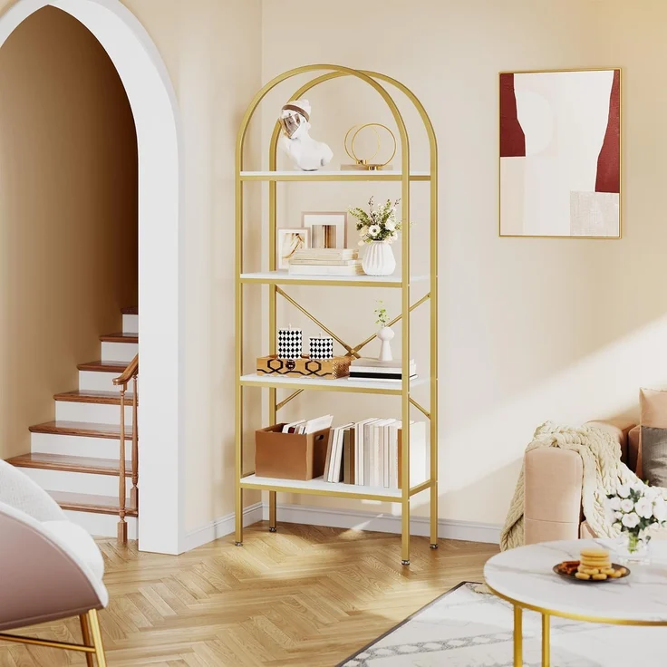 YITAHOME 4-stöckiges Bogenregal, Kuppelregal, freistehendes Aufbewahrungsregal für Wohnzimmer, Schlafzimmer, Arbeitszimmer, Weiß & Gold, 60 x 30 x 181,4 cm – Bild 1