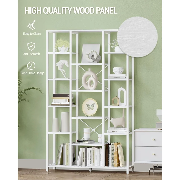 Bücherregal, Standregal mit 6 Ebenen 15 Ablagen, Verstellbare offene Ablagen, für Wohnzimmer, Büro, Schlafzimmer, 30 x 100 x 170cm, Weiß – Bild 4