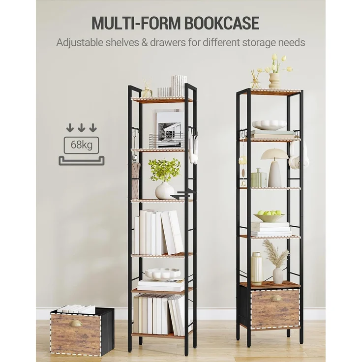 Bücherregal, 6 vertikale Regale mit 1 Zusammenklappbare Stoffschubladenund 4 Haken, offene Regale, Metallrahmen, geeignet für Arbeitszimmer, Wohnzimmer Vintagebraun-Schwarz – Bild 3
