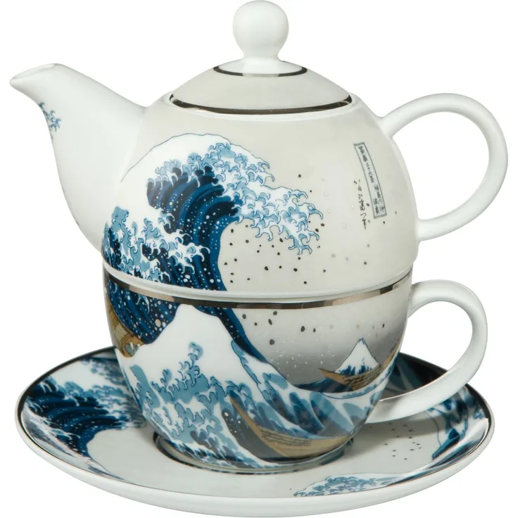 Goebel Die Welle Teekanne mit Untertasse, Tee Kanne, Kaffeekanne, Hokusai, Porzellan, 67013531
