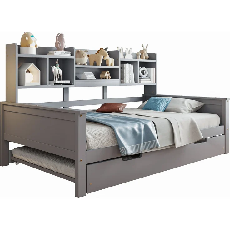 EINHOM Ausziehbares Schlafsofa 90 x 200 cm cm Massivholz, Ausziehbett 90 x 190 cm cm, mit Staufach und Lattenrost, Kiefer Multifunktionsbett, Einzelbett, Grau, (Ohne Matratze) – Bild 5