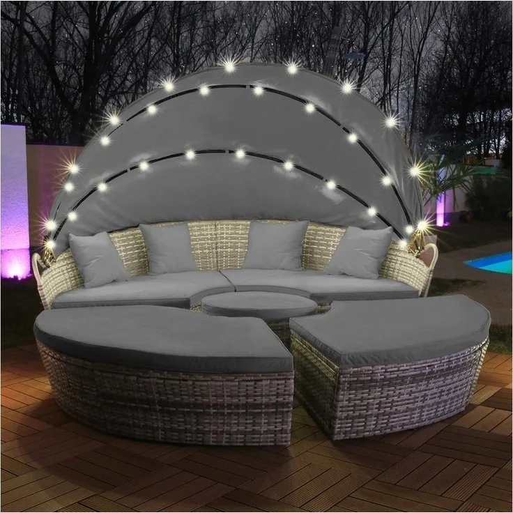 Swing&Harmonie Gartenlounge-Set LED - Sonneninsel Rattan Lounge Polyrattan Sitzgruppe, (Liege Insel), inkl. Abdeckcover