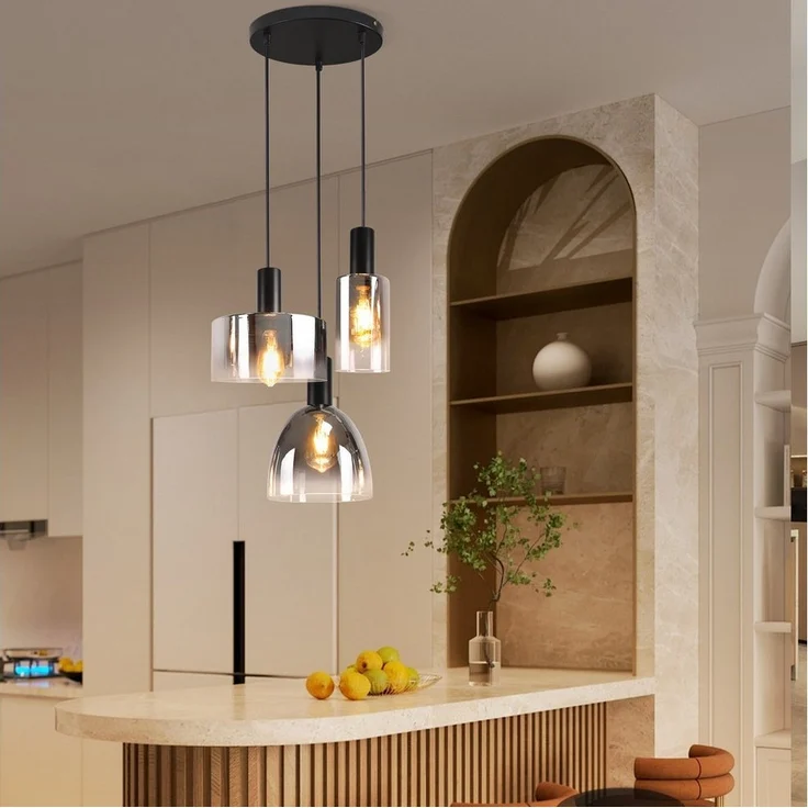Nettlife Pendelleuchte 3/4 rauchgrauem Glas E27 Fassung Industrielle Hängeleuchte, Höhenverstellbar, LED wechselbar, Pendellampe für Wohnzimmer Küche Esszimmer – Bild 3