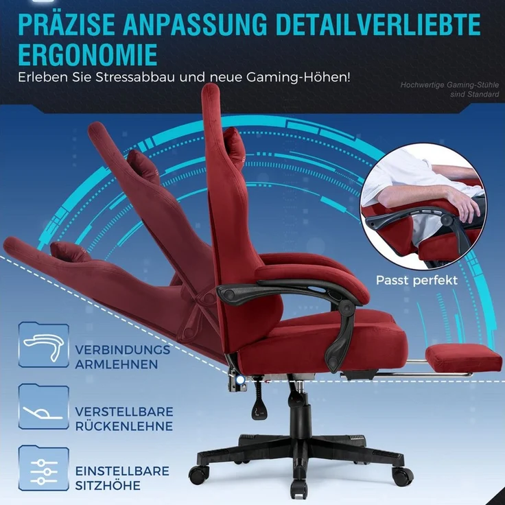 GTPLAYER Gaming-Stuhl Atmungsaktiver Bürostuhl, ergonomisch Hochwertiger - Stoff/Kunstleder, 160° Verstellbare Rückenlehne und ausziehbare Fußstütze – Bild 3