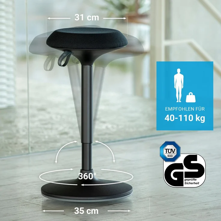 Ergotopia 'Dykó I' Sitz-Stehhocker mit Schwingeffekt, 360° drehbar, höhenverstellbar 57–83 cm, Schwarz – Bild 5