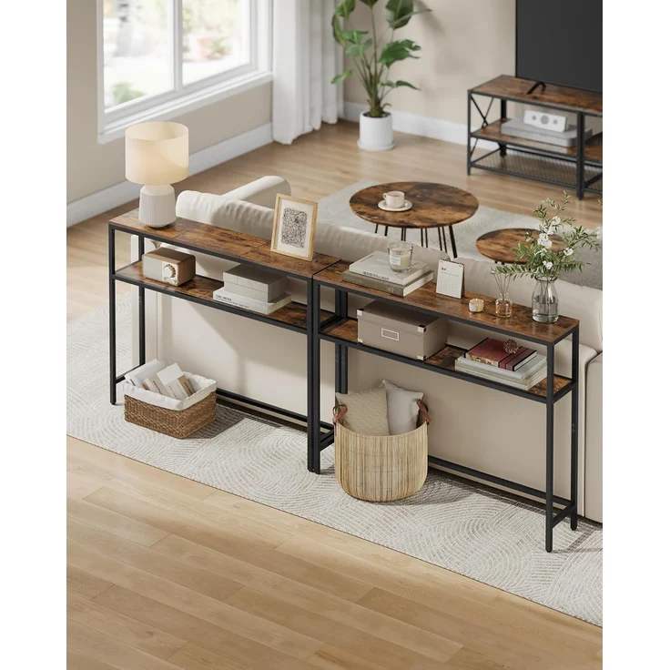 VASAGLE Konsolentisch, schmaler Sofatisch mit 2 Ablagen, 20 x 100 x 80 cm, Flurtisch, 2 Ebenen, für Flur, Wohnzimmer, Schlafzimmer, vintagebraun-tintenschwarz LNT131K01 – Bild 2