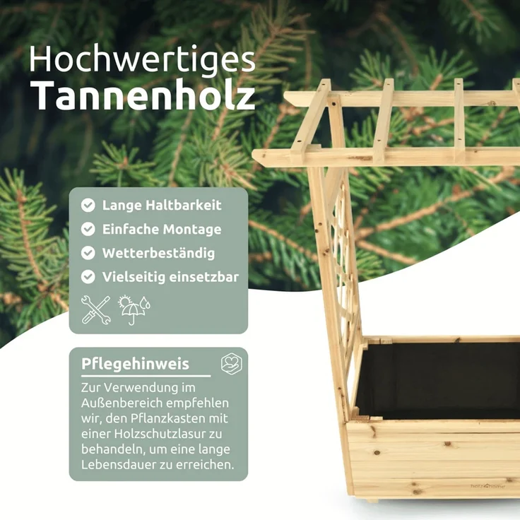 Hochbeet mit Rankgitter THAO - Inkl. Vlies & Handschuhe | Pflanzkasten mit Rankhilfe Blumenkasten für Kletterpflanzen hängende Körbe Pflanzgefäß aus Holz, 128cm Breit – Bild 4