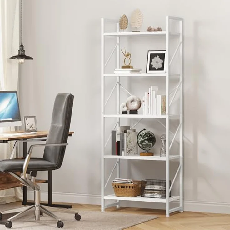 YITAHOME Bücherregal mit 5 Ebenen, freistehendes Bücherregal, Holzregal und Metallrahmen, Aufbewahrungsregal für Wohnzimmer, Heimbüro – reines Weiß – Bild 4