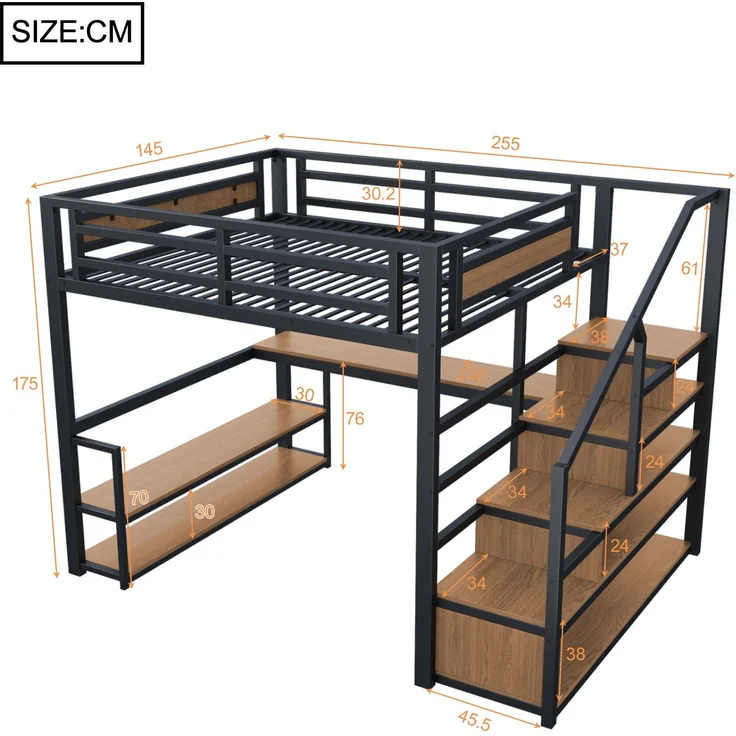 EINHOM 140 x 200 Cmmetall-Hochbett mit Aufbewahrungsleiter mit Regalen und Tisch, Sicherheitszaun-Design mit Gespleißten Metallplanken, Hohes Eisenrahmenbett mit Metallrahmen für Stabile Unterstützung, Schwarz (Ohne Matratze) – Bild 2