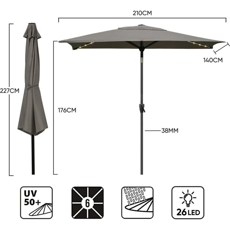 Sekey Sonnenschirm mit LED-Beleuchtung, Kurbel & UV50+, knickbar, Aluminium cappuccino, 210 x 140 cm – Bild 2