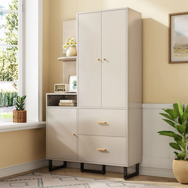 Kompaktgarderoben,Flurgarderobe,Dielenschrank Wandschrank Regal Diele & Flur Kleiderschrank mit gepolsterten Paneelen Schuhschrank, (BxHxT): 110x186x38 cm--Beige + Grau--110x38x186cm--YOUDENOVA – Bild 8