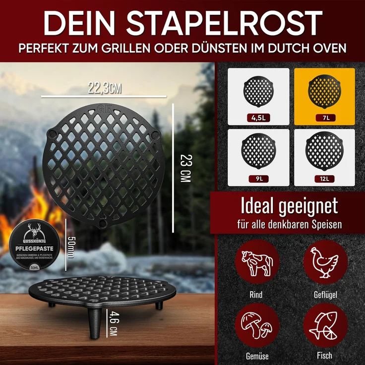 GUSSKÖNIG Stapelrost Gusseisen für Dutch Oven 7L inkl Pflegepaste – Bild 2
