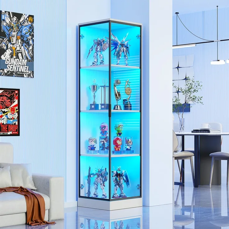 Eckvitrine 85x165x36 cm, Glasvitrine mit LED-Beleuchtung, Körpersensor und 4 Regalböden, Weiß
