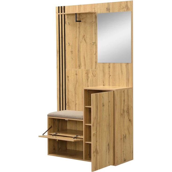 Garderobenset, Kompaktgarderobe, Flurgarderobe mit Spiegel und Kissen, mit schwarzer Zierleiste und Schirmablage, Wohnwand, Regal, Flur- und Dielengarderobe, Schuhschrank, (B x H x T): 115 x 185 x 37 – Bild 7