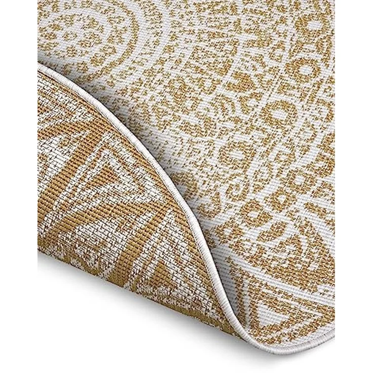 Freundin Home Collection Lilja In- & Outdoor Wendeteppich - Rund, Flachgewebe, Boho-Design, ÖKO-TEX, Wetterfest & UV-beständig für Balkon, Terrasse, Garten - Ocker, ø 100cm – Bild 5