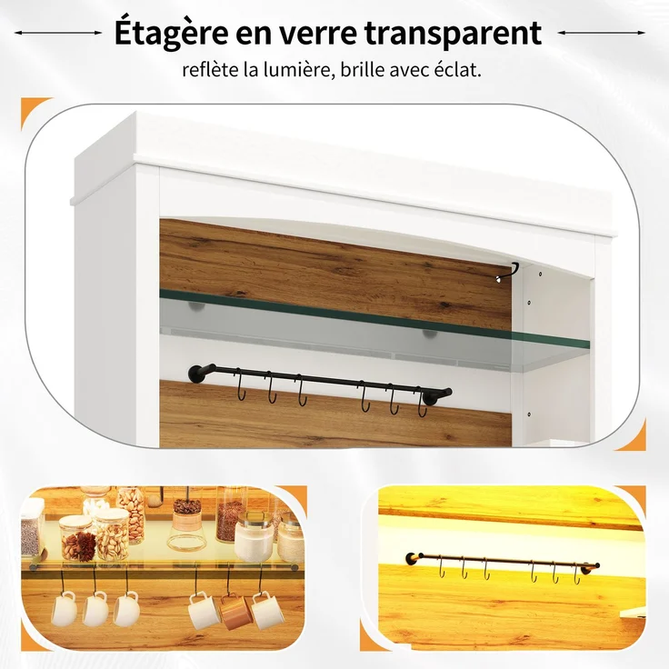 TavilaEcon Küchenbuffet 184cm hoher Buffetschrank, Hochschrank mit LED-Beleuchtung & Glasregal weiß 184 × 43 × 107 cm (H × T × B) – Modell N620GG251105W-2 – Bild 3