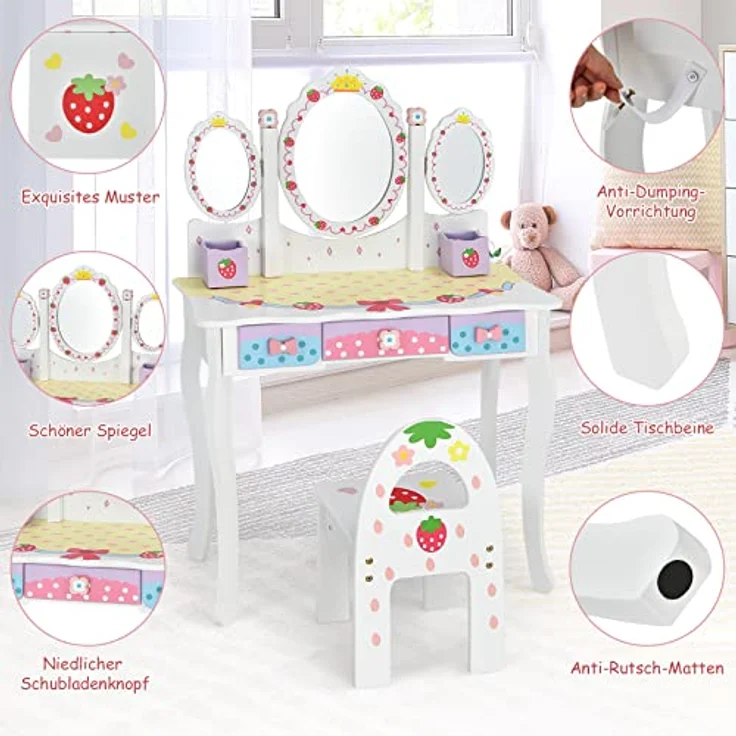 COSTWAY Kinder Schminktisch Set, Prinzessin Frisiertisch mit Klappbarem Spiegel, Schminkhocker und 3 Schubladen, Make-up Schminktisch Frisierkommode für Kinder Mädchen (Weiß) – Bild 8