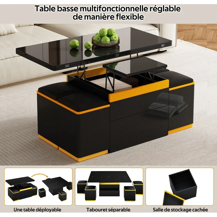 EINHOM Moderner Schwarzer Hochglanz-Couchtisch, Stilvoller Beistelltisch, Multifunktionaler, Höhenverstellbarer Couchtisch, Klappbarer Esstisch/Wohnzimmermöbel, 100 x 50 x 43 cm (L x B x H) – Bild 6
