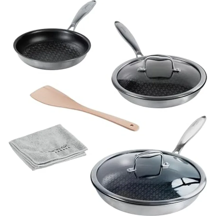 STONELINE Pfannen-Set Silverstar® 6-tlg. Edelstahl 20/24/28 cm mit Deckeln, Aluminium, Edelstahl (5-tlg), Edelstahl, für scharfes Anbraten