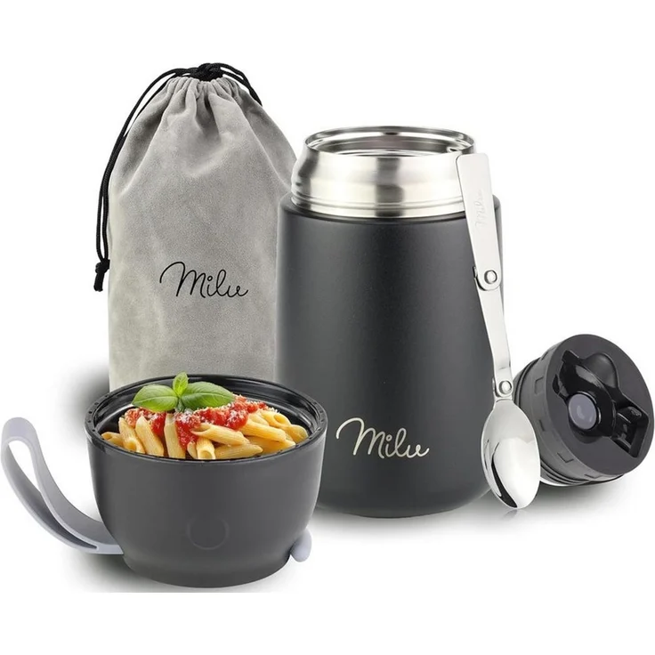 Milu® Thermobehälter für Essen 650ml, Edelstahl Warmhaltebehälter mit Löffel, Thermobecher Essen, Thermo Lunchbox für Kinder, Erwachsene, Thermobox Suppen, Babybrei, Speisebehälter Schwarz, 650ml – Bild 1