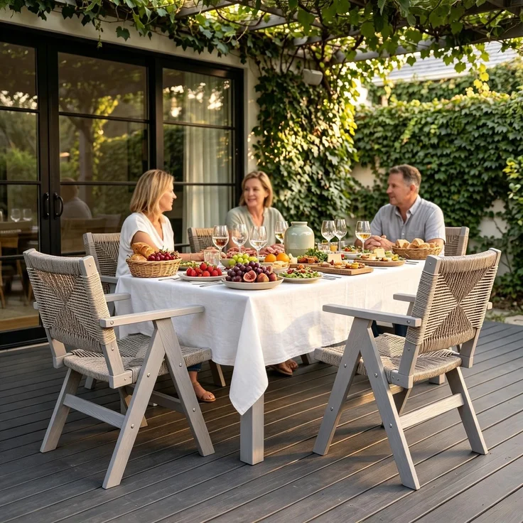MARIELYST 5-teilige Garten Essgruppe, Gartentisch mit HIPS-Rahmen + 4 Armlehnenstühle mit geflochtenem Rattanbezug, Outdoor Esstisch Set für Terrasse, Balkon & Garten (Light Grey+Charcoal Grey)