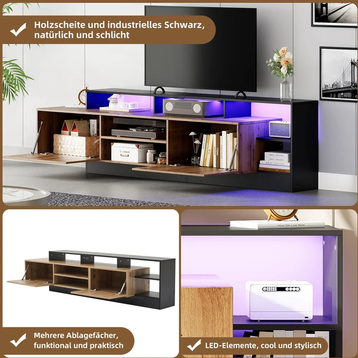 TV-Schrank in Holz & Schwarz,mit 2 herunterklappbare Türen, offene mittige Schubladen, LED-Fernbedienung 16 Farben 4 Modi – Bild 8