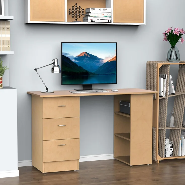 Schreibtisch mit Stauraum, Computertisch 120 x 50 cm, Computertisch mit Regalen und Schubladen, für kleine Räume, Schlafzimmer, helle Holzoptik – Bild 3