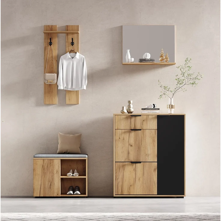 CHICFURN Schrank 140x139x35 cm mit Schuhbank, Spiegel und Haken – Natur/Schwarz – Bild 3