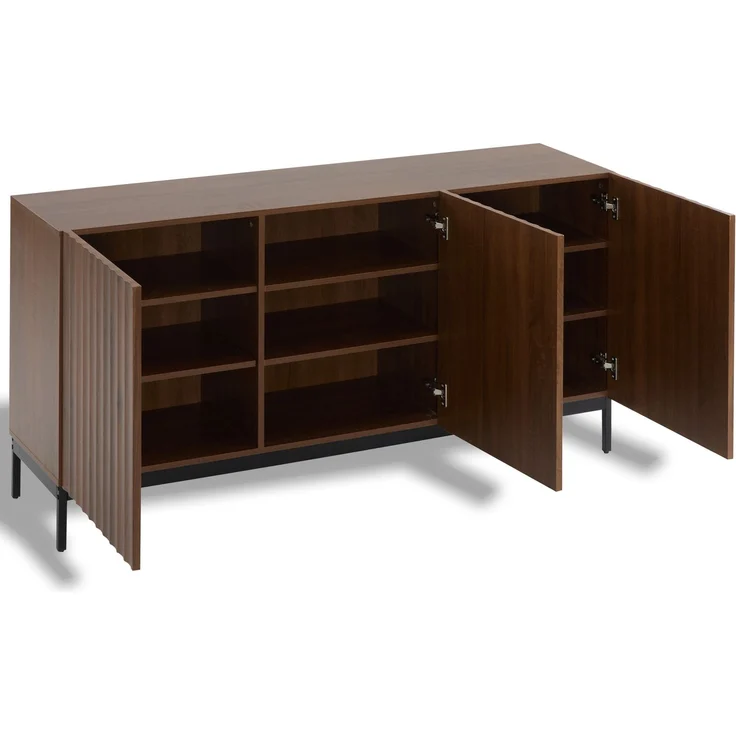 Merax 150x40x80cm Eiche dunkel gemasert, Sideboard, Mid-Century Modern Dekoschrank, 3 Türen, welliges 3D-Design, verstellbare Einlegeböden, Kippsicherung-stilvolle Aufbewahrung für Wohnzimmer, Esszimmer – Bild 9