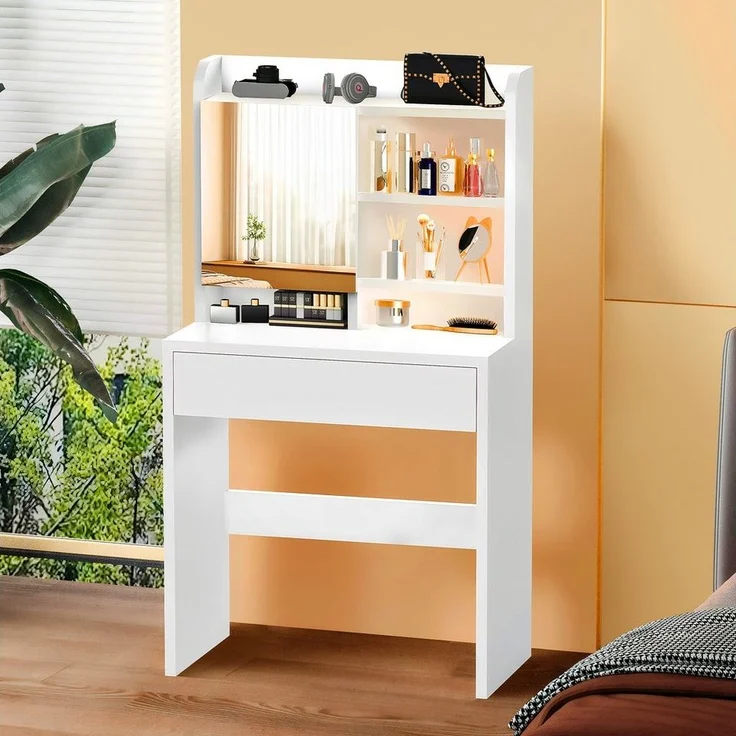 oyajia Schminktisch Frisiertisch mit Spiegel (verstellbare Ablagen), 1 Schubladen, 4 offene Fächer, Modern – Bild 1