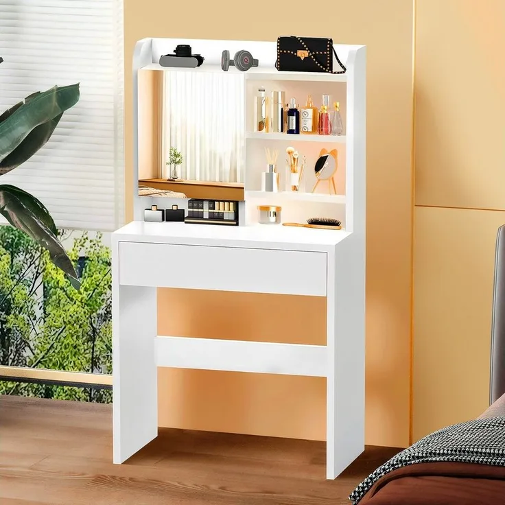 oyajia Schminktisch Frisiertisch mit Spiegel (verstellbare Ablagen), 1 Schubladen, 4 offene Fächer, Modern