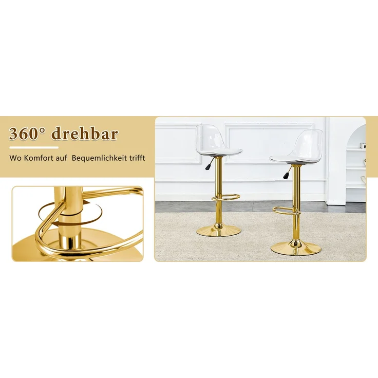 2er-Set höhenverstellbarer Barhocker: Transparente Rückenlehne + goldfarbene Metallbeine, Höhe verstellbar von 82-104 cm, Sitzfläche 360° drehbar.--Gold, Transparent--50.5x40.5x40.5cm--YOUDENOVA – Bild 6