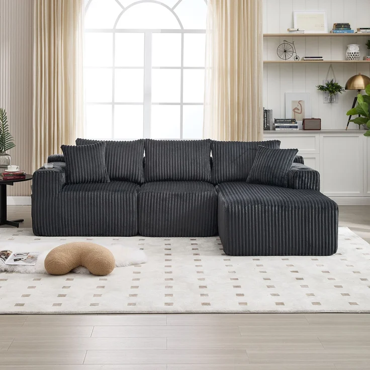 Modulares Sofa Set mit Chaiselongue & 2-Sitzer in Grau, weicher Cordbezug, 5 Kissen & Getränkehalter – Bild 1