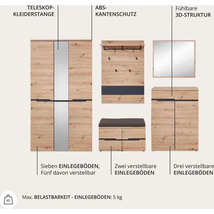 Garderoben Set MEMPHIS GH81 Artisan Eiche Nachbildung 5-teilig – Bild 4