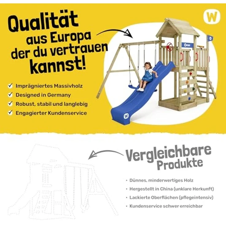WICKEY Spielturm Klettergerüst MultiFlyer Holzdach mit Schaukel & grüner Rutsche, Kletterturm mit Holzdach, Sandkasten, Leiter & Spiel-Zubehör – Bild 5