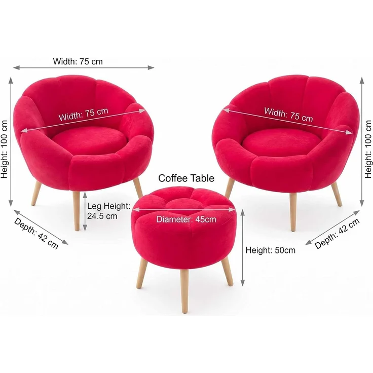 Hanah Home Stilvolles Ohrensessel- und Hocker-Set (3-teilig), Fuchsia, 100% melaminbeschichtet | 18 mm Dicker, weicher Stoff und Beine aus Esche | Perfekt für Moderne Wohnräume – Bild 3