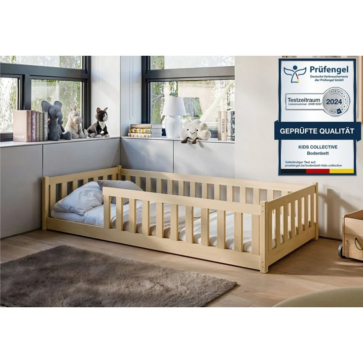 Kids Collective Kinderbett Bodenbett Bett mit Rausfallschutz & Lattenrost Montessori Bett Kinder (weitere Größen 80x160, 120x200, 140x200 cm), Jugendbett Einzelbett mit Matratze, natur Kiefer 90 x 200 cm – Bild 1