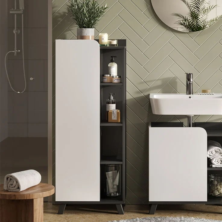 Midischrank Karen Anthrazit/Weiß 50 x 128 cm mit Tür und offenen Fächern Vicco – Bild 3