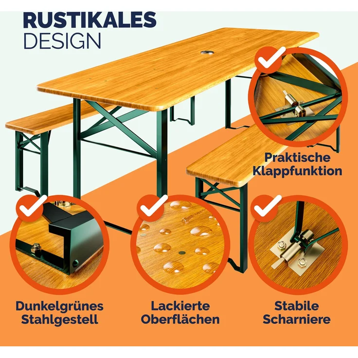 Casaria Bierzeltgarnitur, 3-tlg, Klappbar, Holz natur / Stahl grün, 75 x 46 x 170 cm – Bild 3