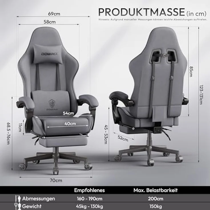 Dowinx Gaming Stuhl Tasche Frühling Kissen, Atmungsaktiver Bürostuhl aus Hochwertigem Stoff, Ergonomischer PC-Stuhl mit Kopfstütze, Drehbarer Schreibtischstuhl mit Fußstütze (Grau) – Bild 4