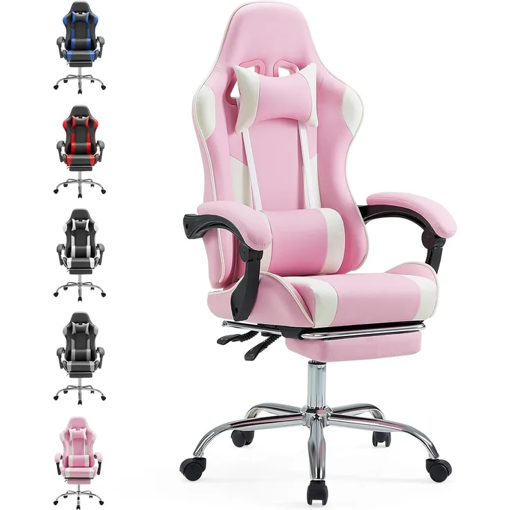 Sweetcrispy Videospiel-Schreibtischstuhl - Ergonomischer Computerstuhl mit Fußstütze und bequemer Lendenwirbelstütze, PU-Leder-Liegesessel mit Kopfstütze,rosa