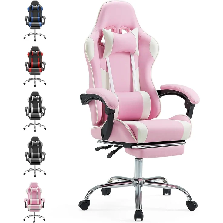 Sweetcrispy Videospiel-Schreibtischstuhl - Ergonomischer Computerstuhl mit Fußstütze und bequemer Lendenwirbelstütze, PU-Leder-Liegesessel mit Kopfstütze,rosa
