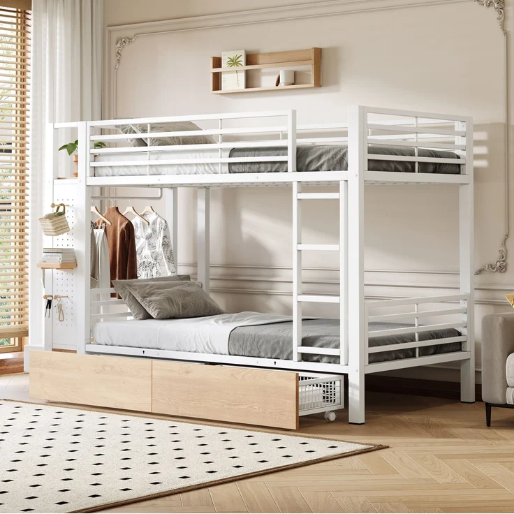 CHICFURN Etagenbett aus Metall und MDF Weiß 90x200 cm mit LED-Beleuchtung und Stauraum – Bild 6