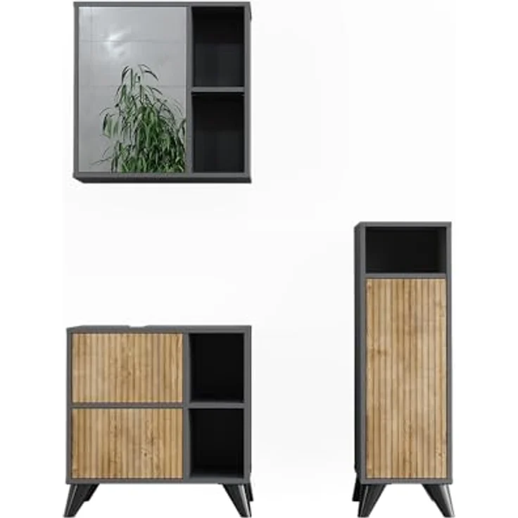 Vichy Badmöbel-Set Leano, 3-teilig, mit Waschbeckenunterschrank und Spiegelschrank, Anthrazit/Bergeiche – Bild 1