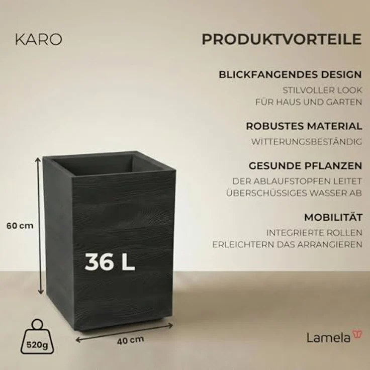 LAMELA Pflanzkübel mit Rollen Höhe 60 cm, 36L – Blumentopf aus Kunststoff in Holzoptik – Übertopf mit Wasserablauf – Modern für Innen & Außen - Wetterfest & Pflegeleicht, Schwarz – Bild 3